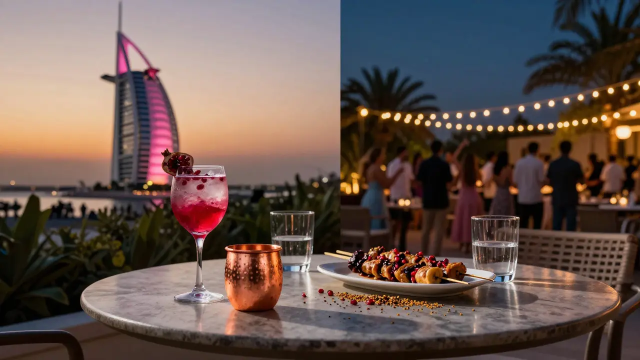 Terrace table transitioning from sunset cocktail to midnight dance scene with food and lights.