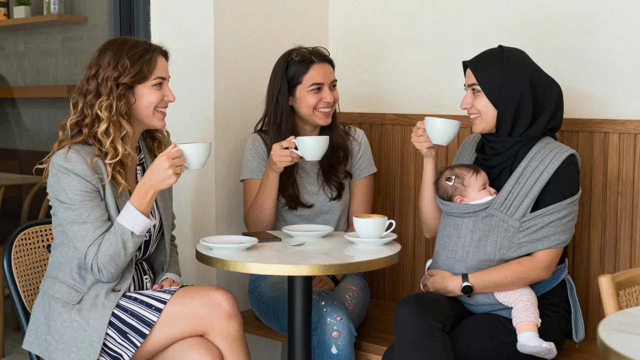 Three women from different cultures laugh together in a Dubai café, sharing coffee and quiet moments.