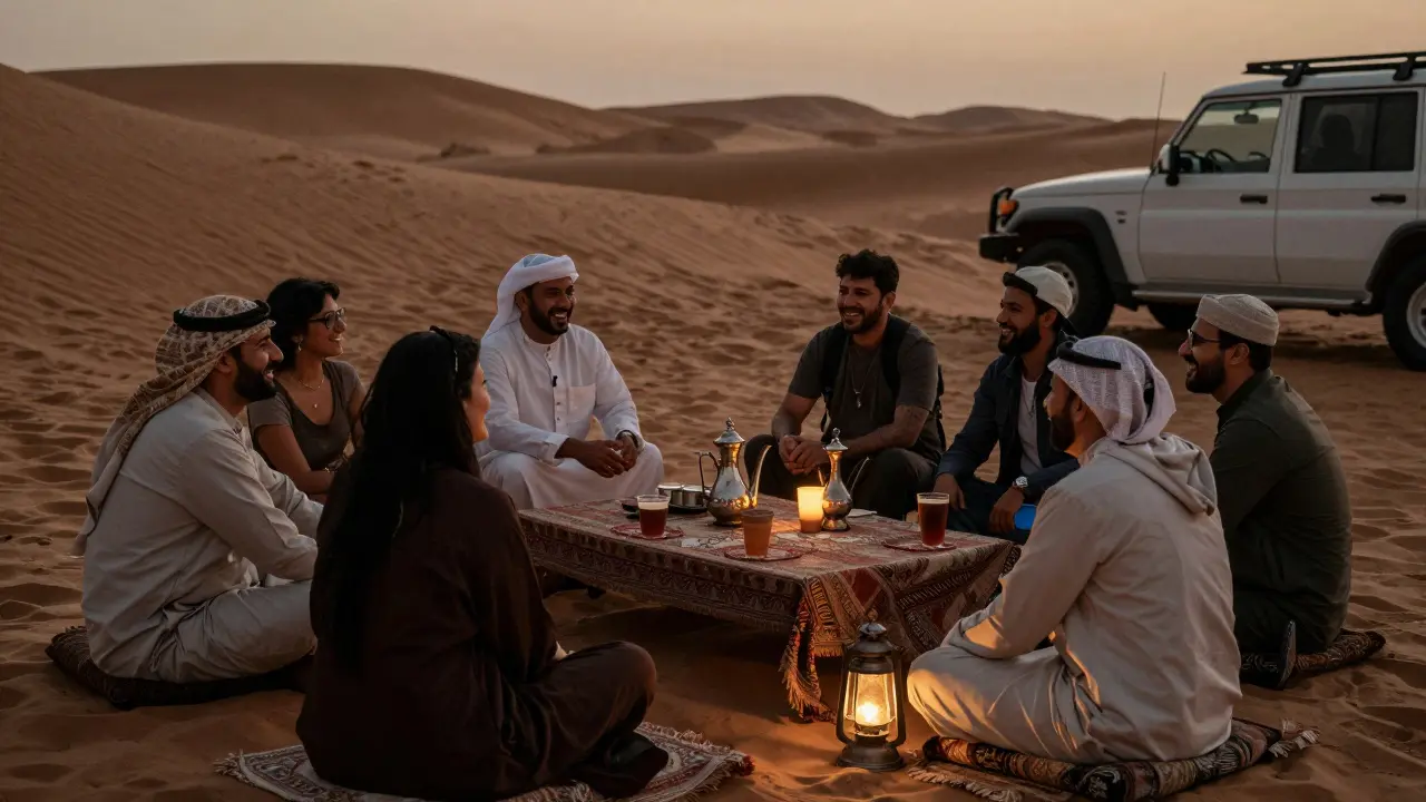 Tourists enjoying a desert camp gathering at twilight.