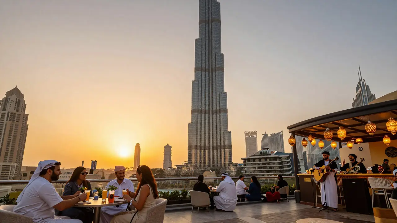Tourists enjoying Dubai's legitimate attractions at sunset, with Burj Khalifa glowing in the background.
