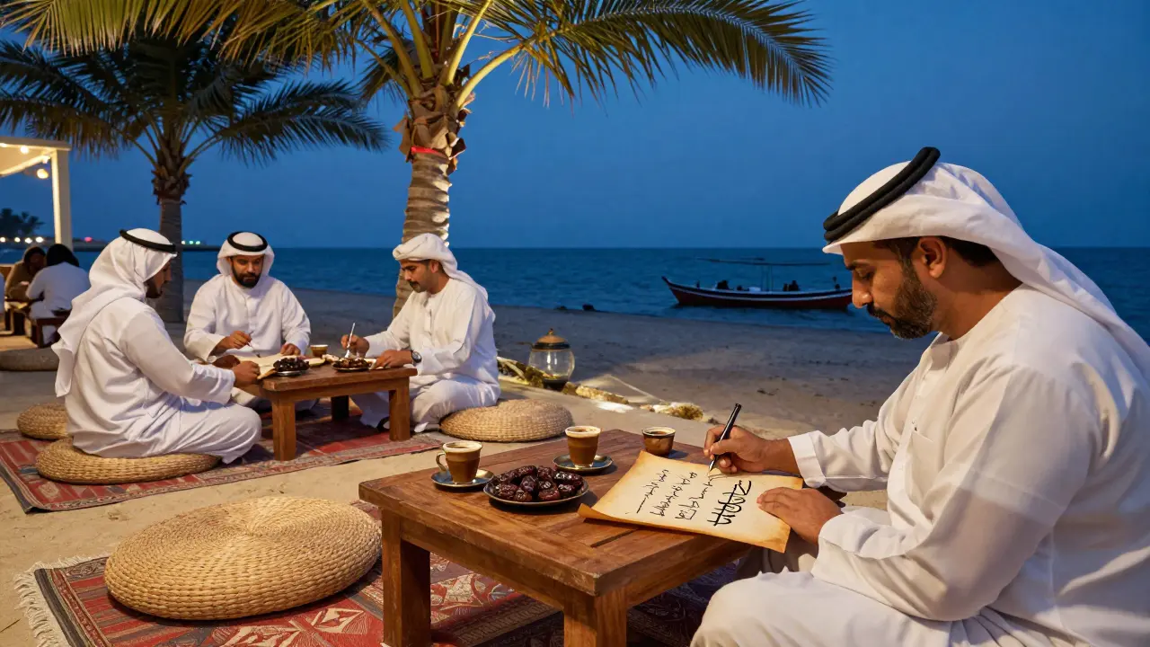 Traditional Emirati-style seating at Al Fattan Creek Beach Club with coffee, dates, and calligrapher creating personalized keepsakes at dusk.