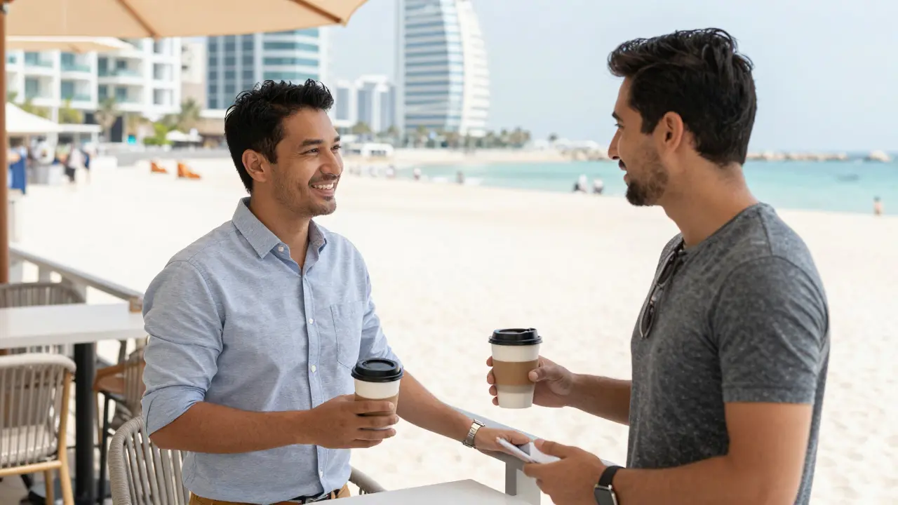 Two people greeting warmly in a sunny public beachside area.