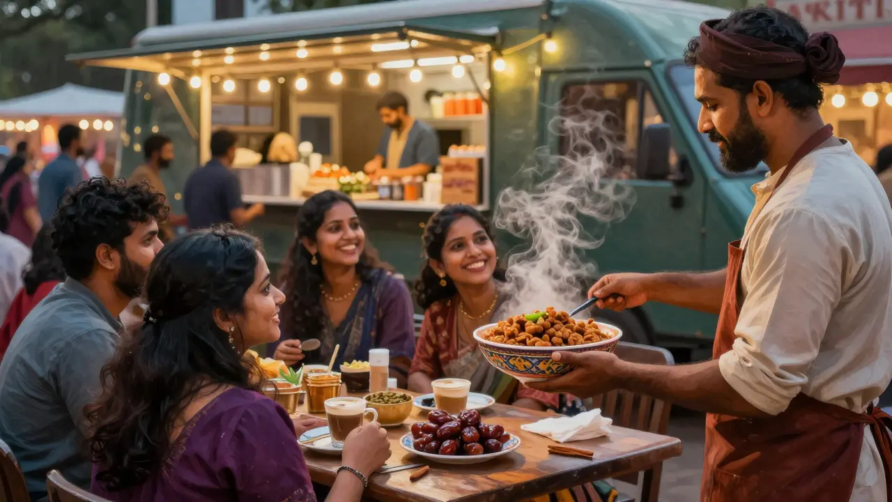 Vibrant food trucks at City Walk serving sweet balaleet to a diverse group of night owls under string lights.
