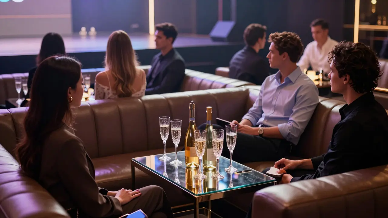 Well dressed people seated at a luxury VIP table with champagne bottles overlooking a club dance floor.