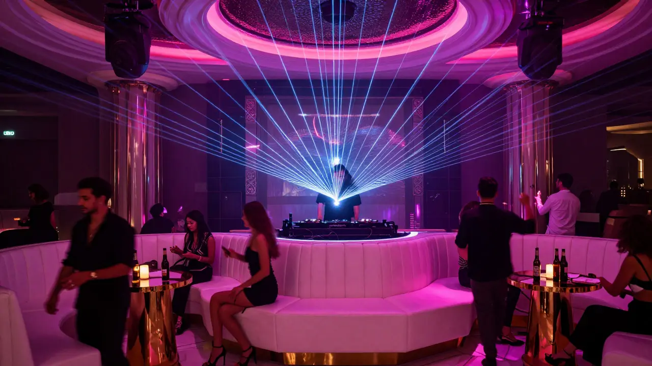White Dubai nightclub interior with DJ and party crowd dancing