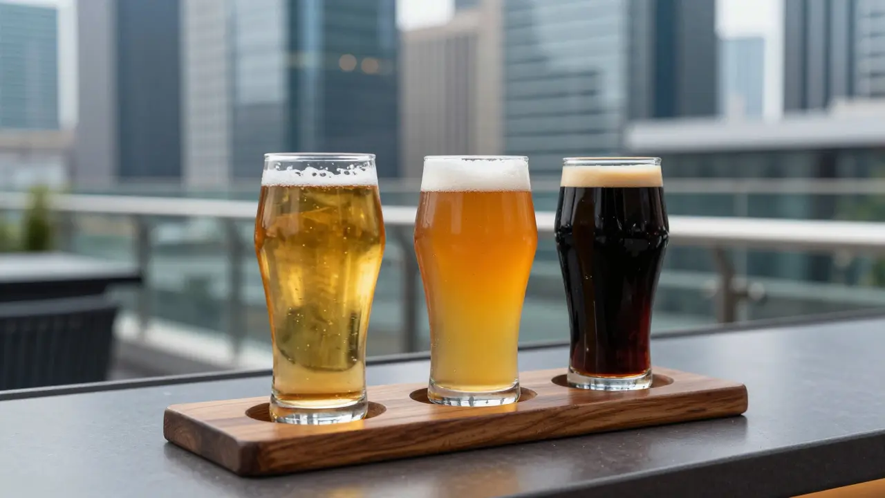 A craft beer tasting flight with three different beer styles on a modern Dubai rooftop bar.