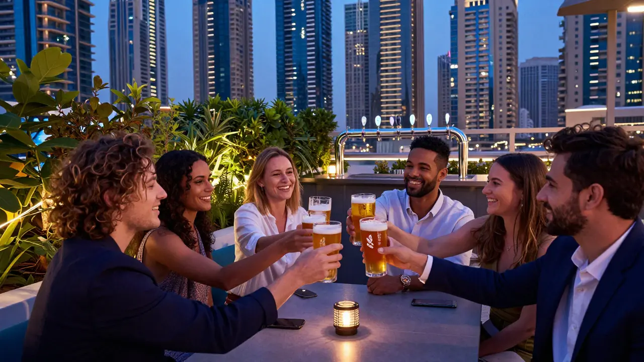Friends enjoying wheat beers at a casual rooftop beer garden in Dubai Marina at twilight.