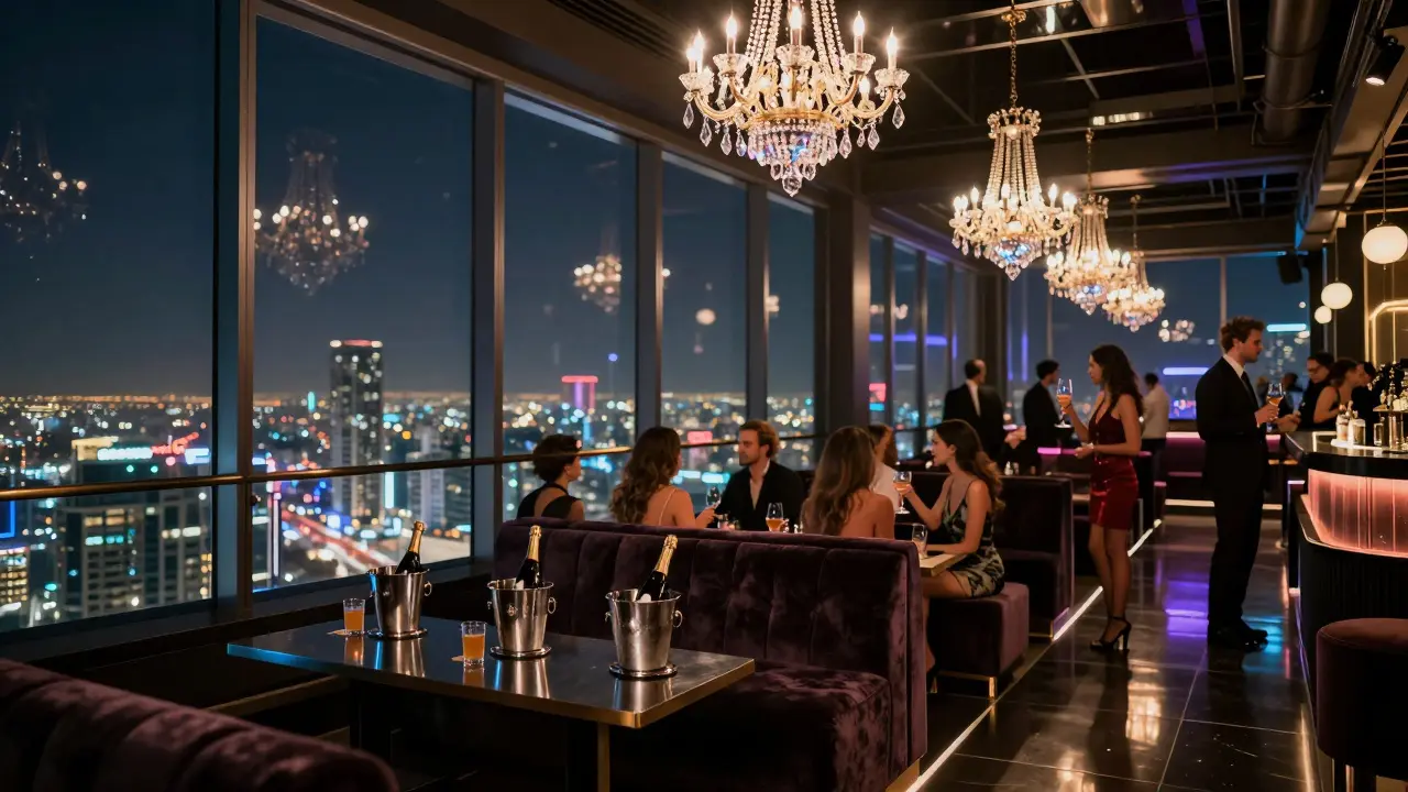 Luxury rooftop nightclub interior with panoramic view of Dubai skyline